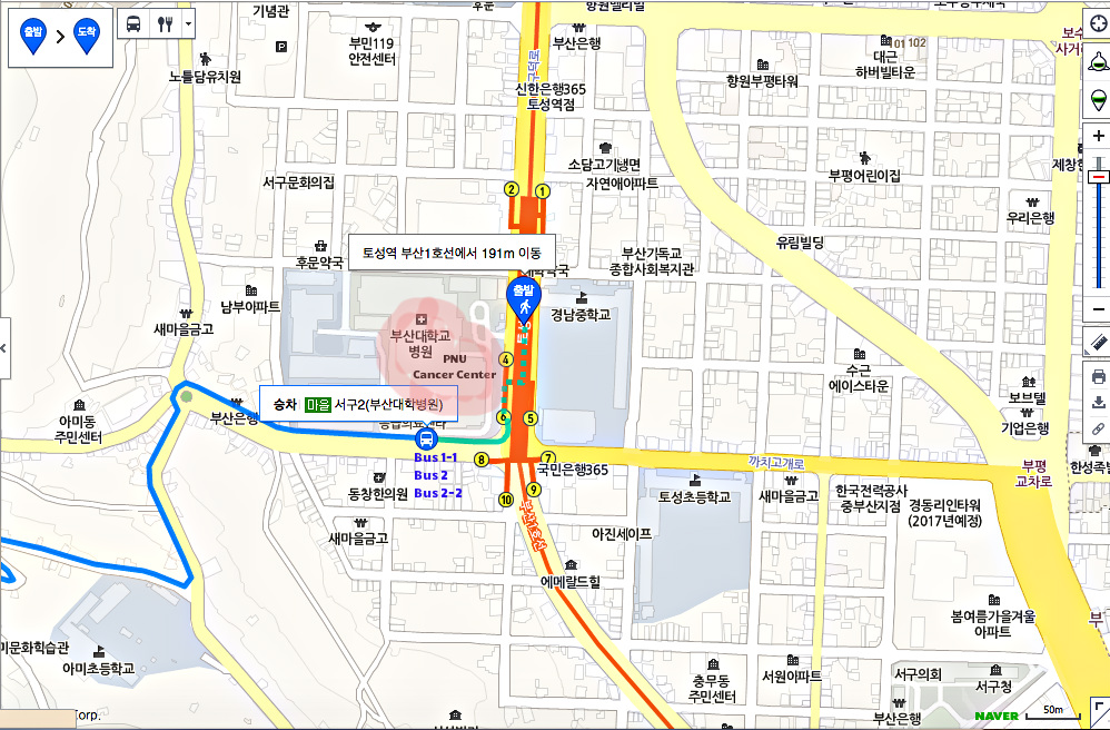 Map from Toseong Station to the bus stop to Gamcheon Cultural Village. 